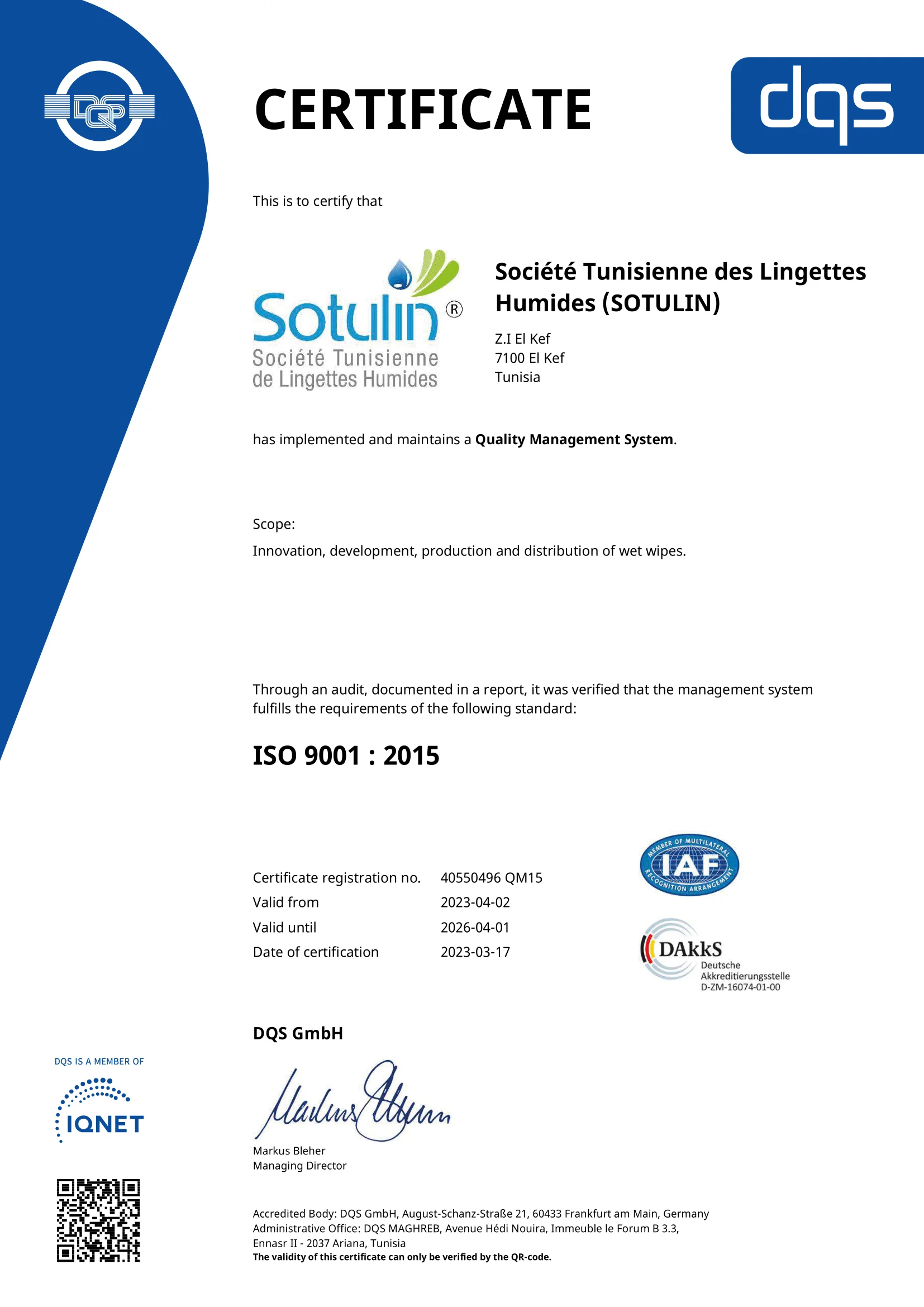 Certificat ISO 9001 softy groupe Tunisie